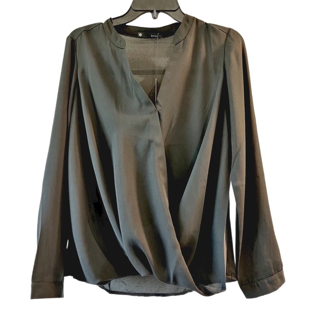 Krisa Revolve Surplice Long Sleeve Black Chiffon Wrap Top Size Small